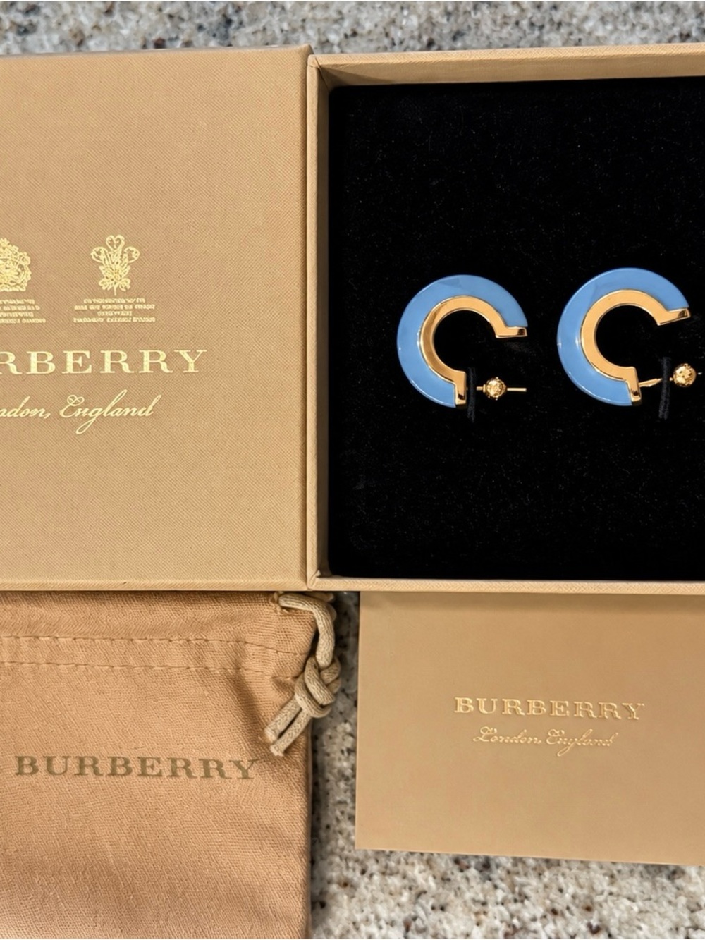 Burberry Gold-Tone Hoop Earrings with Sky Blue Enamel